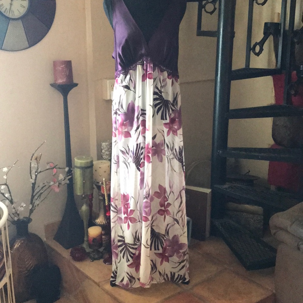 Vintage Chiffon Satin Purple Floral Long Maxi Nightgown Slip Dress Lingerie